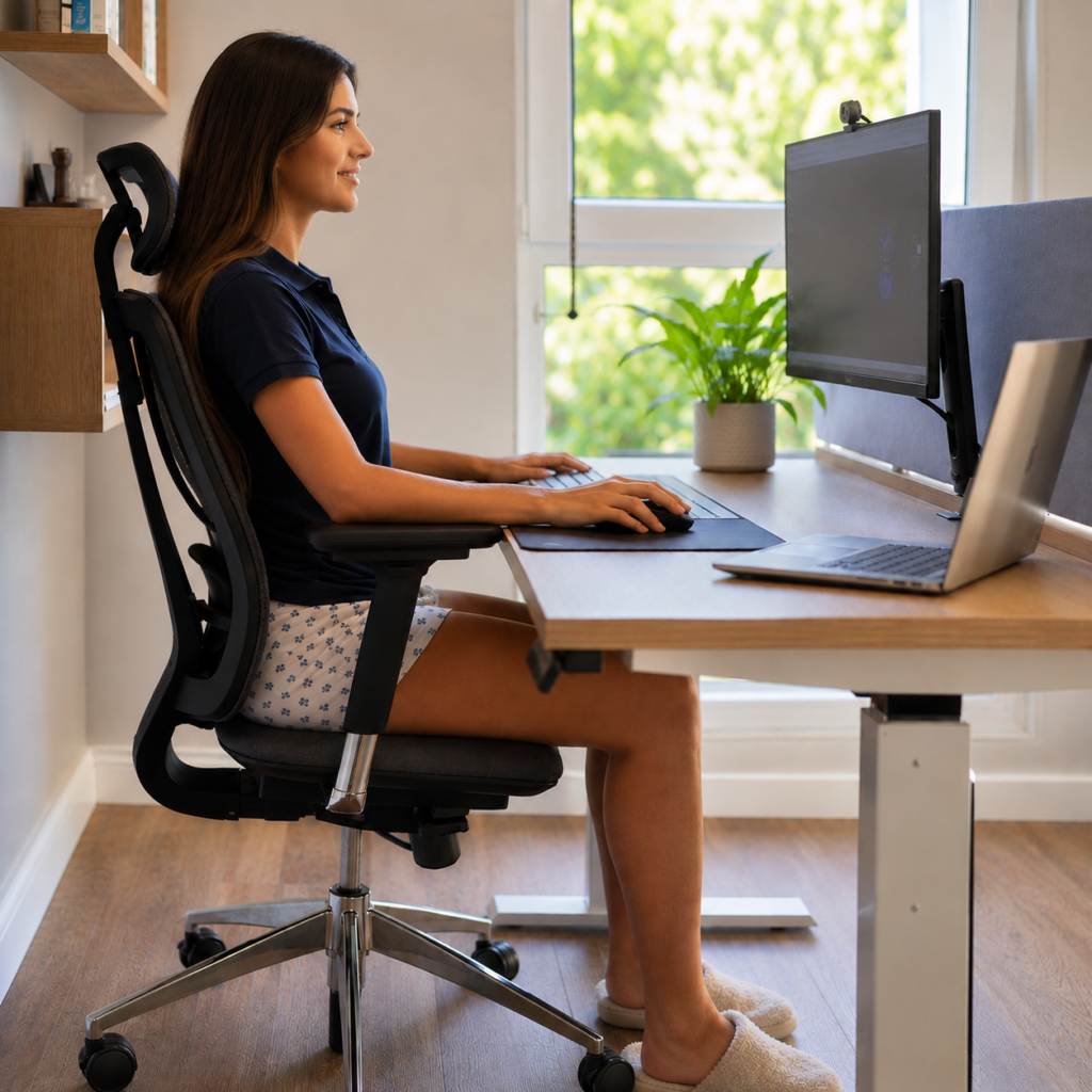 Mulher sentada em postura ergonomicamente correta. Antebraço completamente apoiado.
