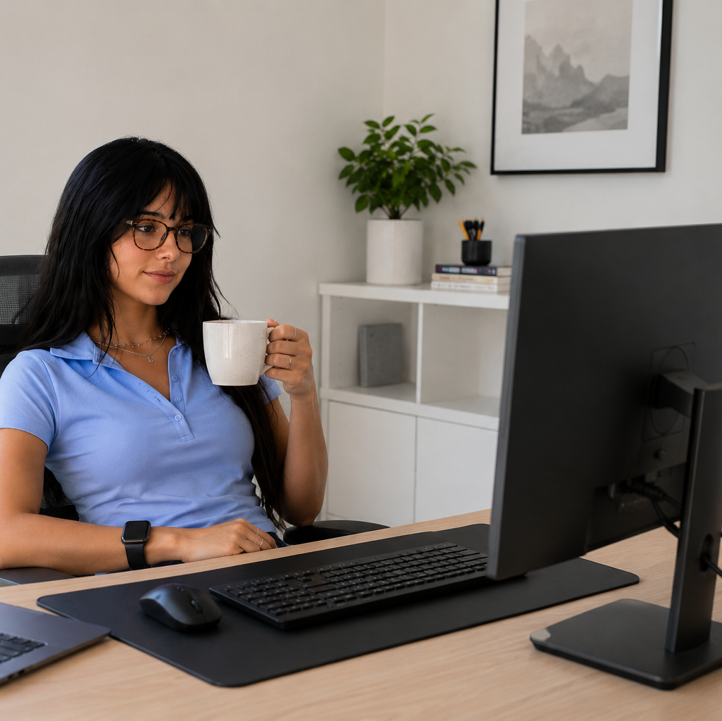 Mulher jovem trabalhando em home office com monitor ajustado na altura correta.