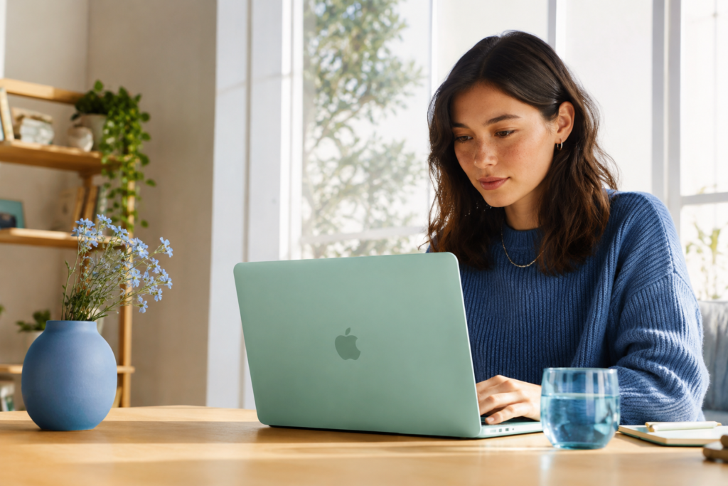 Mulher jovem usando MacBook Neo em sala iluminada.