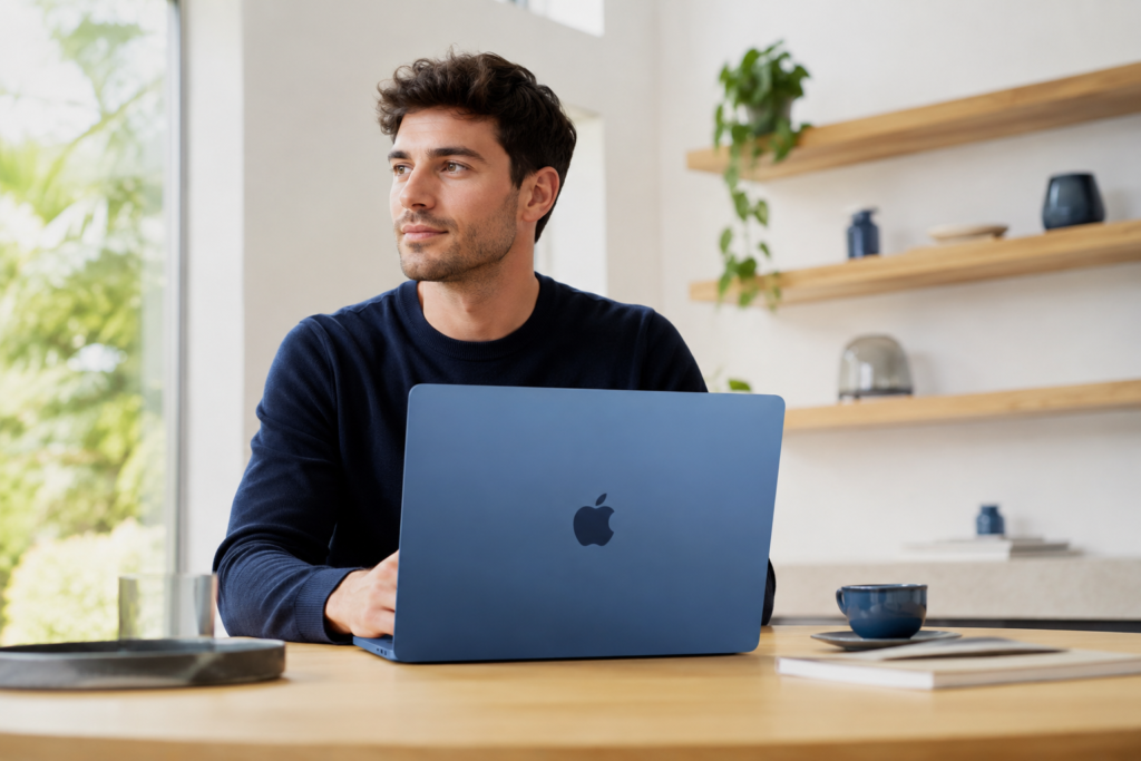 Homem jovem belo usando MacBook Neo em local claro.