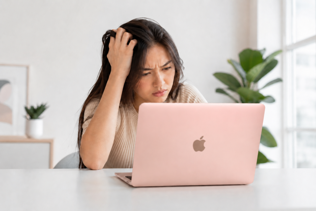 Mulher jovem e bela chateada com o MacBook Neo. O MacBook Neo é fraco?