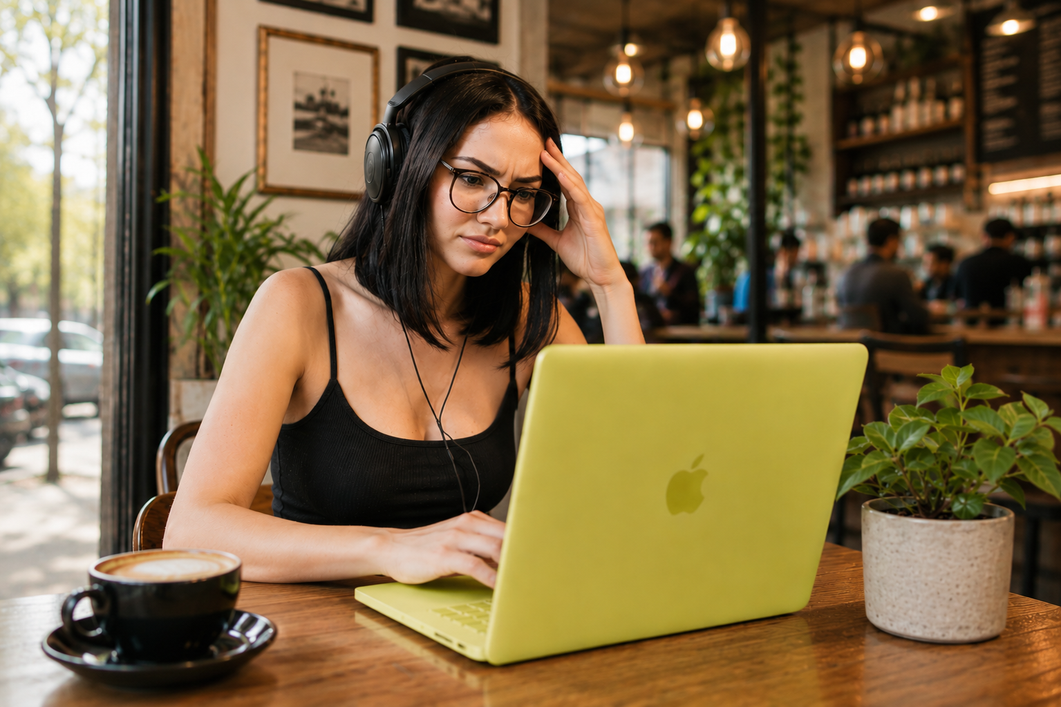 Mulher jovem estilo nerd de óculos irritada usando MacBook Neo em cafeteria durante o dia.