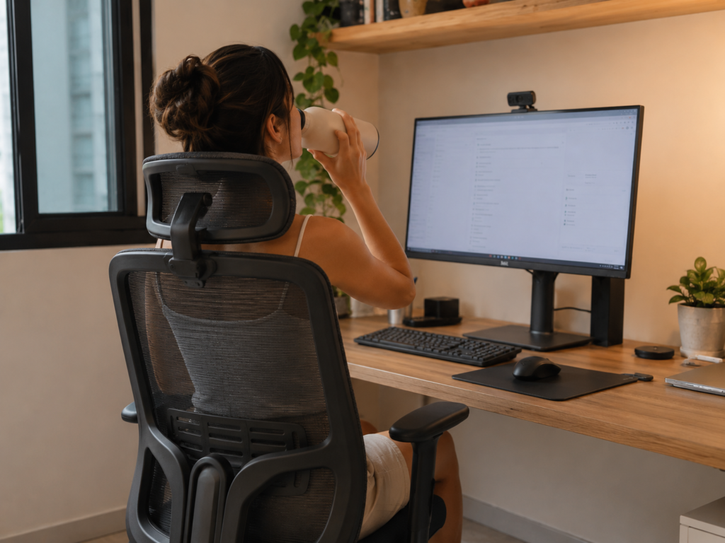 Garota tomando água em home office, sentada em cadeira ergonômica com tela respirável.
