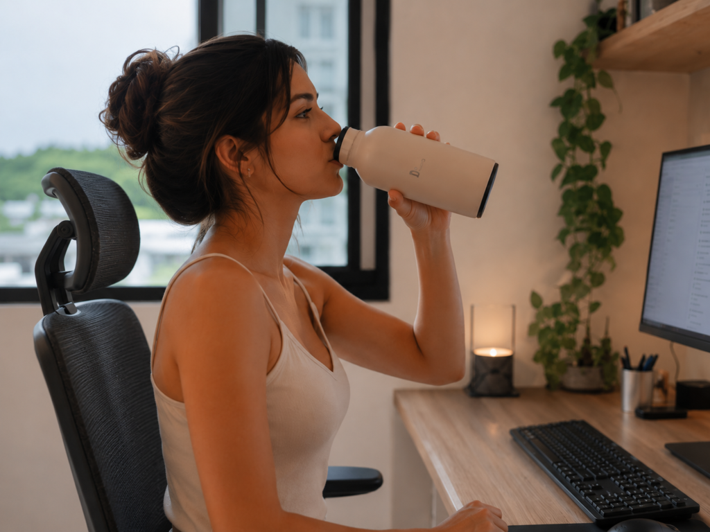 Mulher tomando água durante expediente no home office em dia quente.