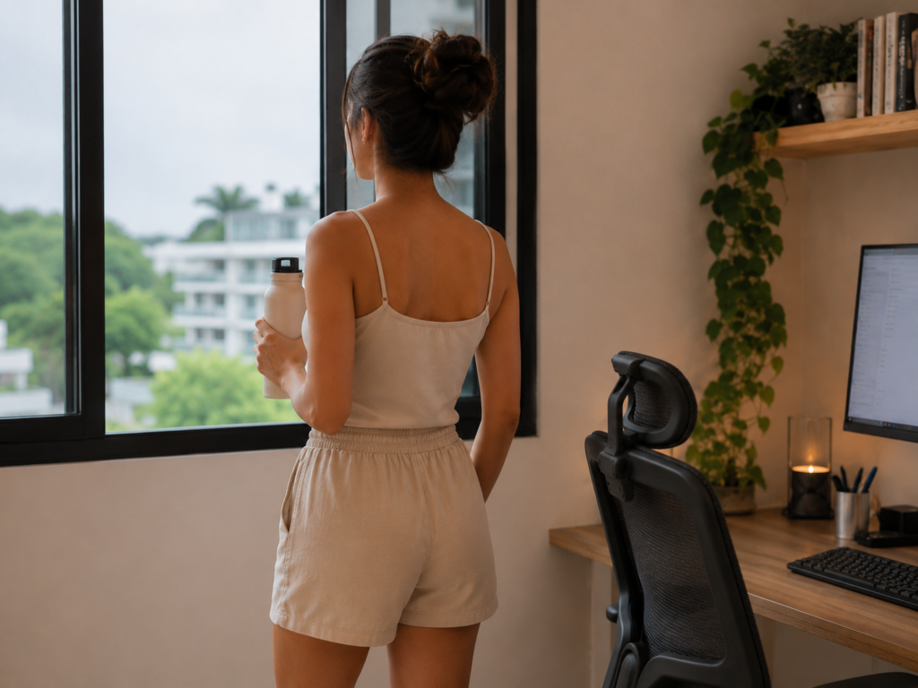 Mulher fazendo uma pausa durante o home office, dando uma olhada pela janela.