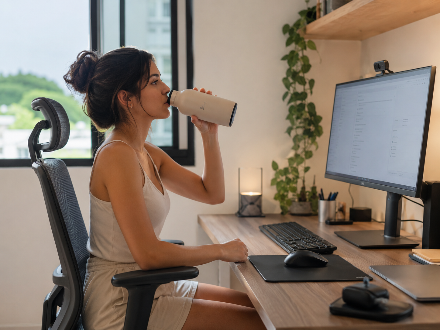 Mulher usando roupas leves e tomando água durante trabalho em home office.